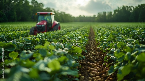 Tractor harvesting peanuts in a vast field at sunset.