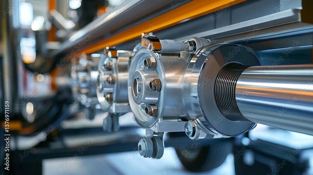 Fototapeta premium High Precision Industrial Machinery Close Up Detailed View of Metal Parts Steel Components Modern Technology Manufacturing Process Engineering Equipment Chrome Polished Metal Parts Mechanical 