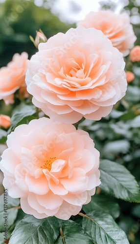 Three peach roses in full bloom, close-up AI generative