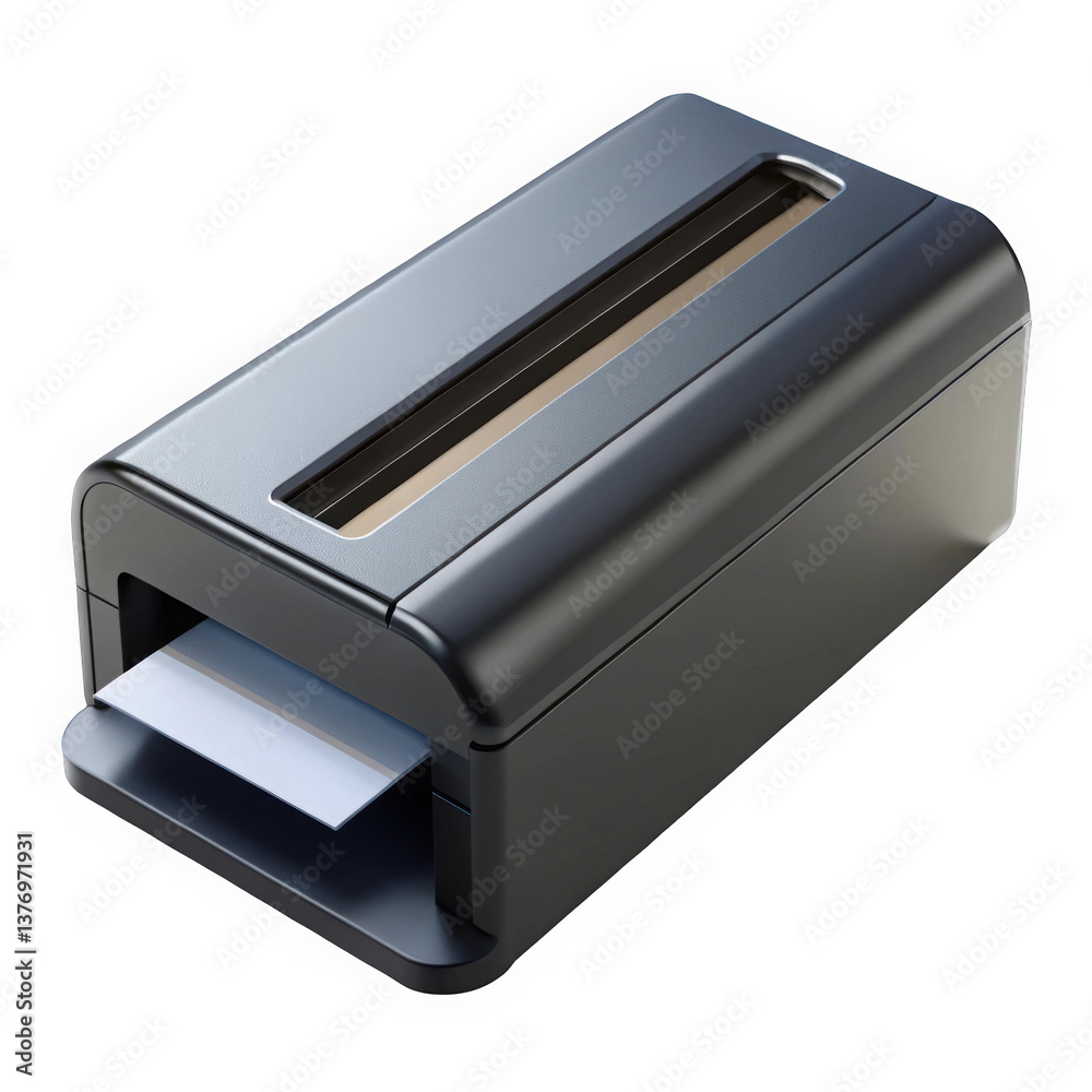 A modern black credit card-sized printer, compact and stylish, ideal for printing on the go. The device is designed for convenience and portability. A modern black credit card-sized printer, compact and stylish, ideal for printing on the go. The device is designed for convenience and portability.