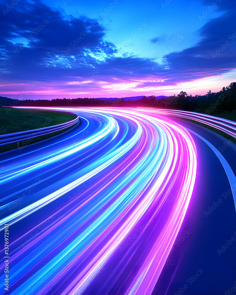 Naklejka premium Vibrant light trails curve on a highway at twilight AI generative
