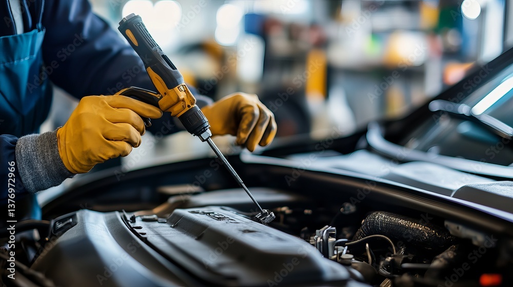 Obraz premium Professional Mechanic Repairing Car Engine Using Power Drill Automotive Maintenance Service Close Up View Expert Technician Working on Vehicle Detailed Repair Process Modern Auto Repair Shop Job Cars 