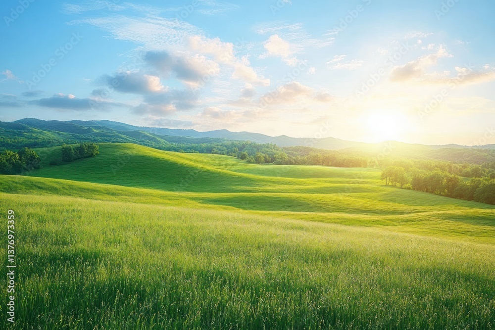Fototapeta premium Serene countryside landscape lush green meadow bright blue sky morning sunlight rolling hills