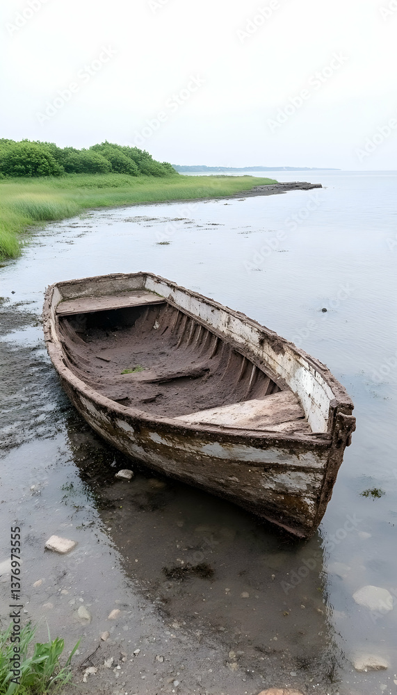 Weathered wooden rowboat sits aground on a calm, shallow shore AI generative Weathered wooden rowboat sits aground on a calm, shallow shore AI generative