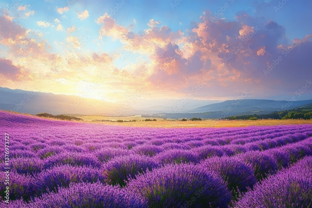 Obraz premium Vibrant Lavender Meadow under Blue Sky