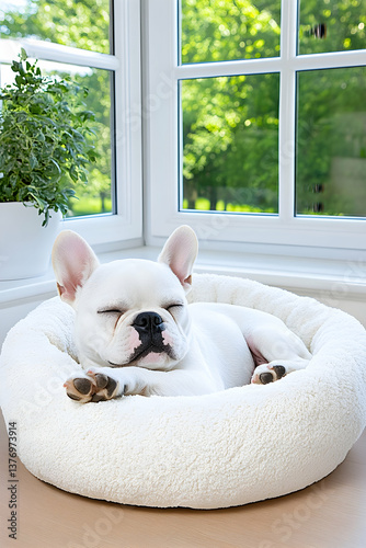 White puppy sleeps soundly in fluffy white pet bed near bright window AI generative photo