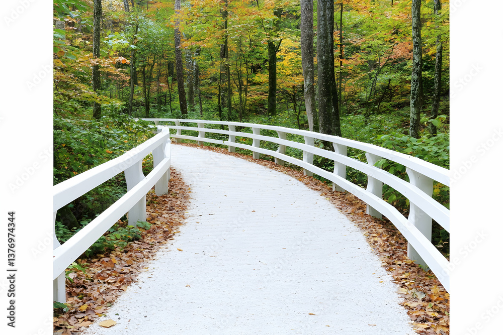 Winding white path through autumnal forest AI generative Winding white path through autumnal forest AI generative