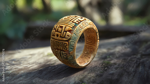 Pok ta pok stone ring carved with mayan glyphs from ancient ball court. Gloomstone Glyphs. Illustration