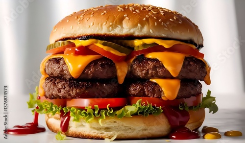 Obraz na płótnie Juicy Double Cheeseburger with Melting Cheese and Fresh Toppings w salonie