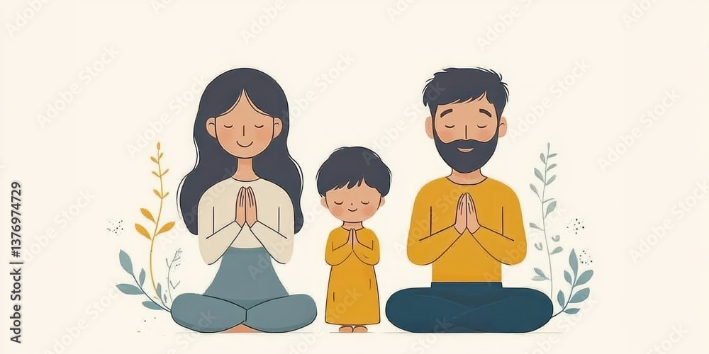 Fototapeta premium Family Praying Together, Christian Family Prayer Illustration for Religious Church Publications