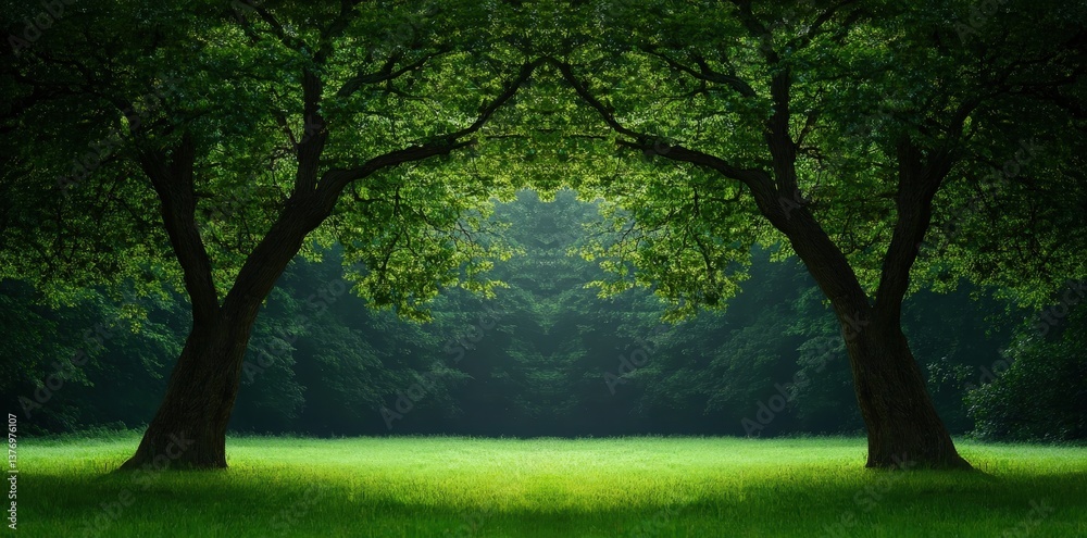 Obraz premium A serene scene featuring two large trees with lush green leaves, framing a bright, grassy area illuminated by soft light.