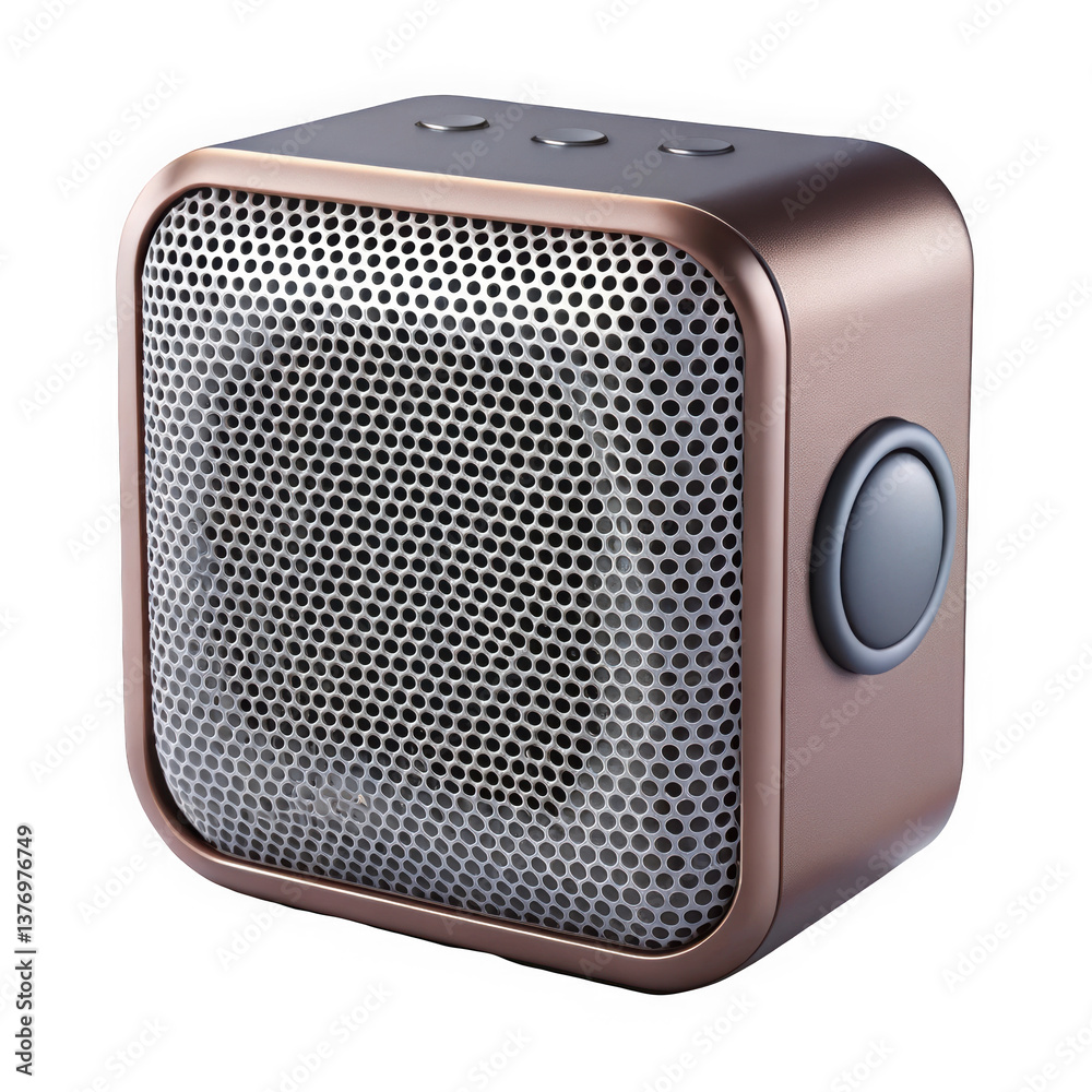 A stylish portable speaker with a sleek metallic finish and a mesh front, showcasing its modern design and compact size ideal for music lovers on the go. A stylish portable speaker with a sleek metallic finish and a mesh front, showcasing its modern design and compact size ideal for music lovers on the go.