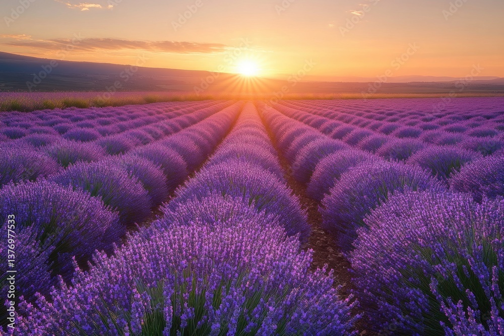 Obraz premium Lavender Field Sunrise Breathtaking Landscape Photography Nature Beauty Agriculture Countryside