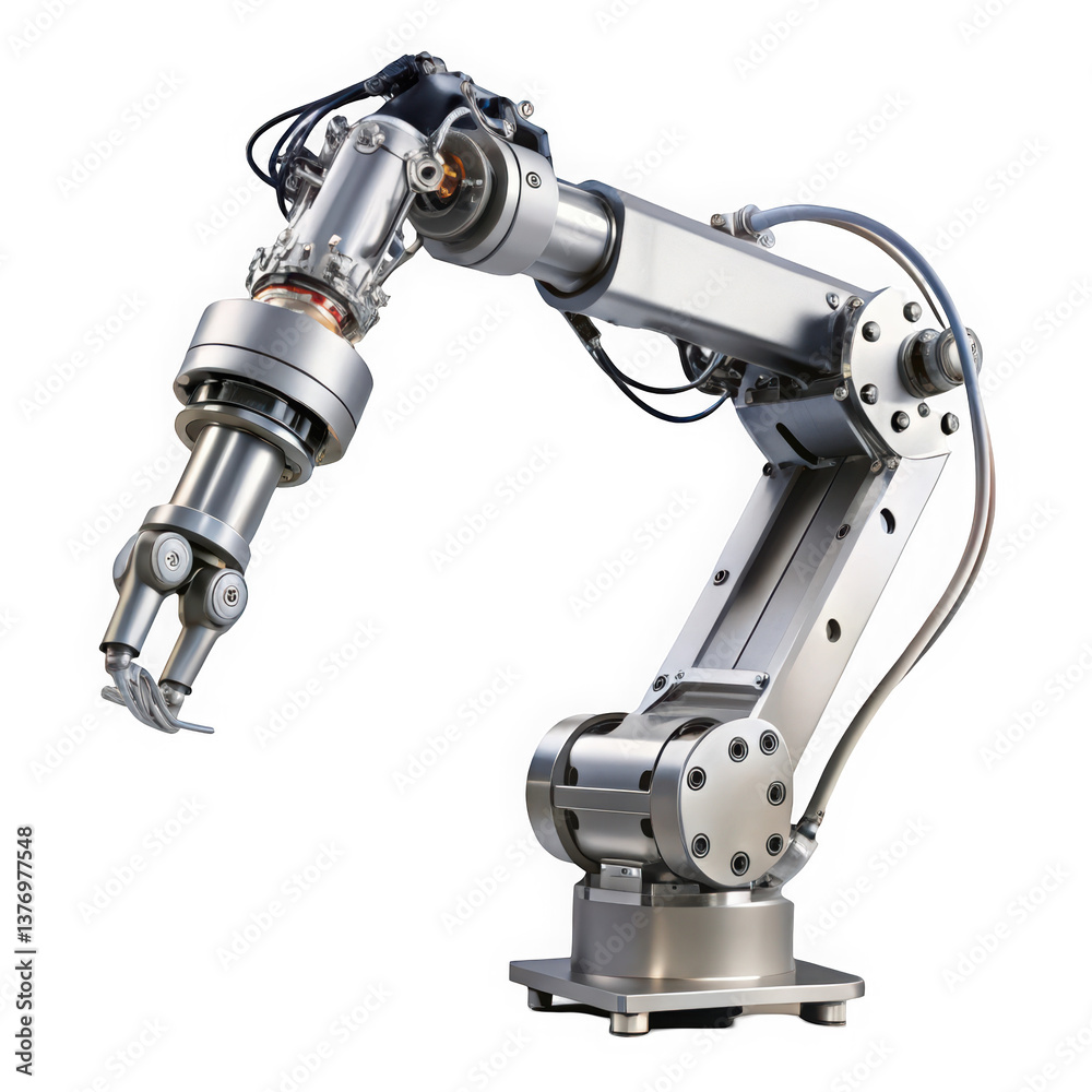 A sleek, modern robotic arm with a metallic finish, equipped with a precise gripping mechanism, showcasing advanced engineering and technology in automation. A sleek, modern robotic arm with a metallic finish, equipped with a precise gripping mechanism, showcasing advanced engineering and technology in automation.