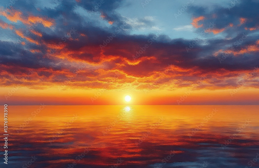 Obraz premium Vibrant Sunset Over Calm Ocean Waters with Dramatic Clouds and Serene Atmosphere