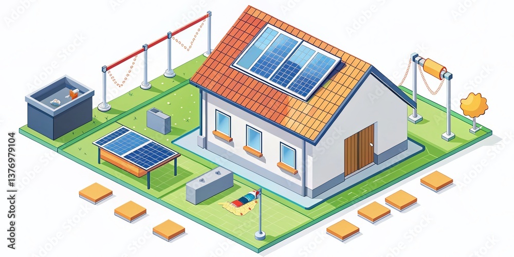Isometric Cartoon Solar Panel Home Energy System Diagram - Sustainable Technology Illustration Isometric Cartoon Solar Panel Home Energy System Diagram - Sustainable Technology Illustration