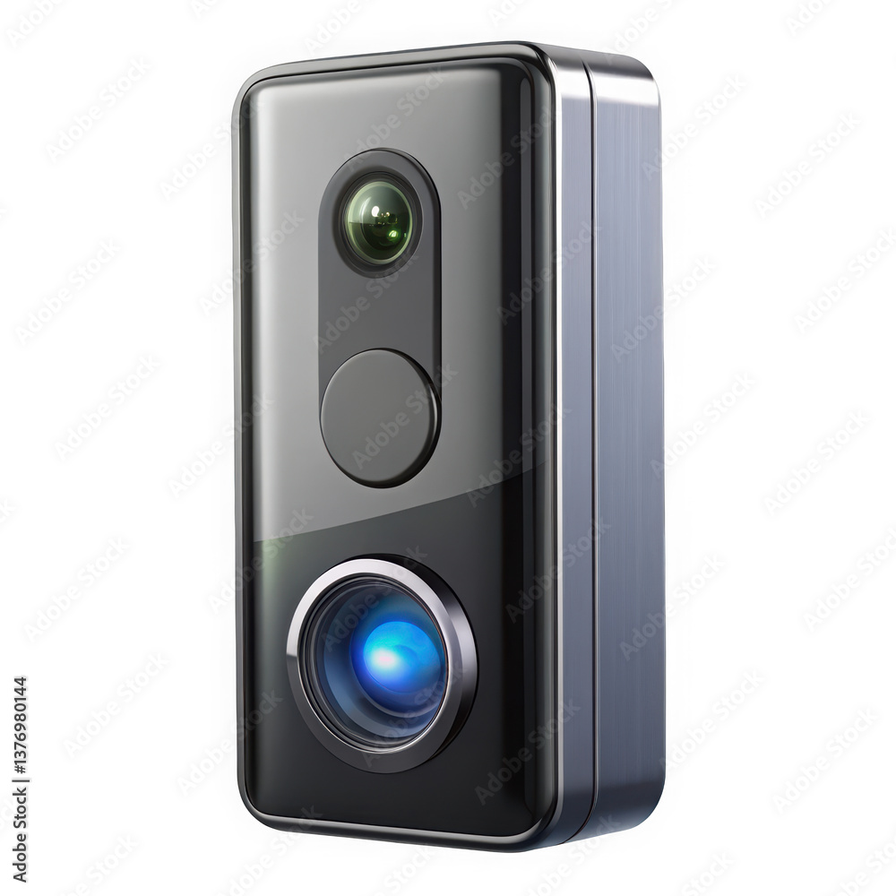 Obraz premium A sleek and modern video doorbell featuring a shiny black finish with illuminated blue button; perfect for enhancing home security with style.