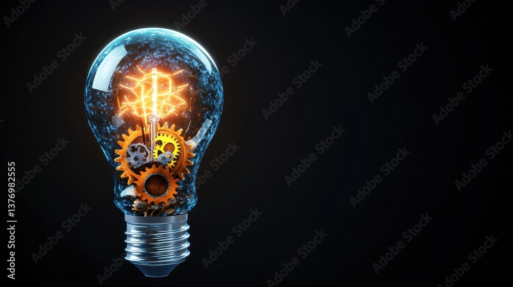 A Glowing Lightbulb Filled with Intricate Gears Signifying Innovation and the Mechanics Behind a Brilliant Idea Emitting Bright Inspiration and Creativity A Glowing Lightbulb Filled with Intricate Gears Signifying Innovation and the Mechanics Behind a Brilliant Idea Emitting Bright Inspiration and Creativity