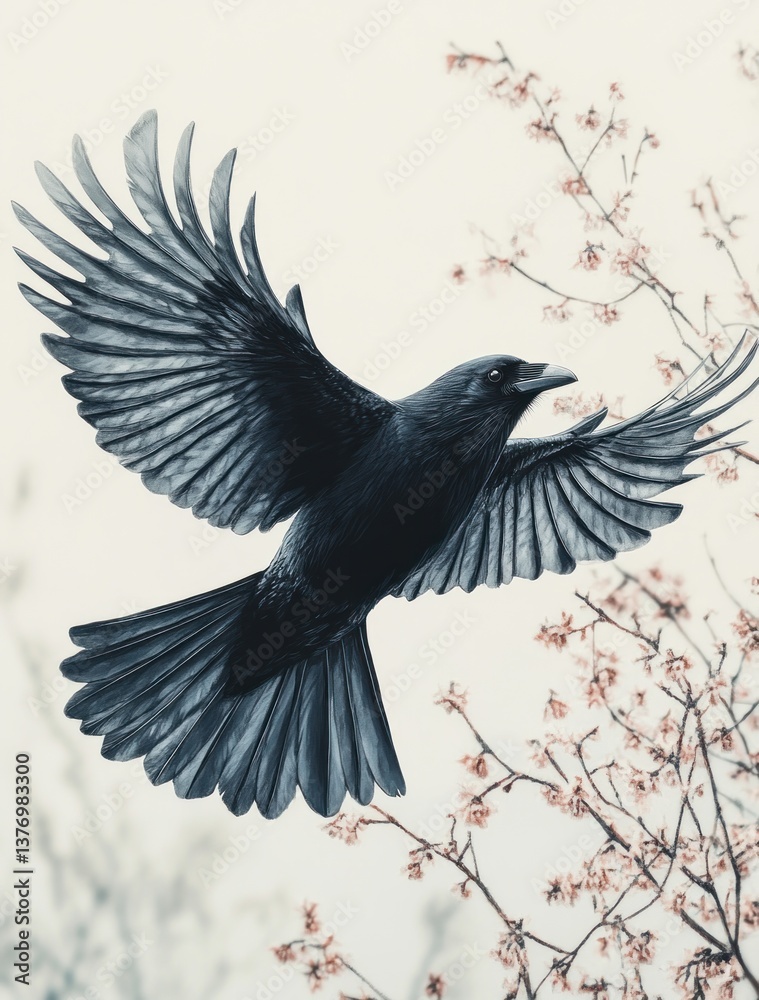Fototapeta premium Fierce Black Crow in Flight with Dynamic Feathers on White Background