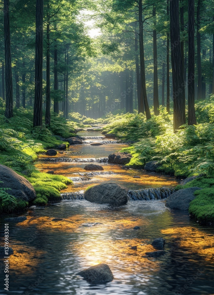 Tranquil Stream in Lush Mountain Forest with Sunlight and Fresh Green Trees Tranquil Stream in Lush Mountain Forest with Sunlight and Fresh Green Trees