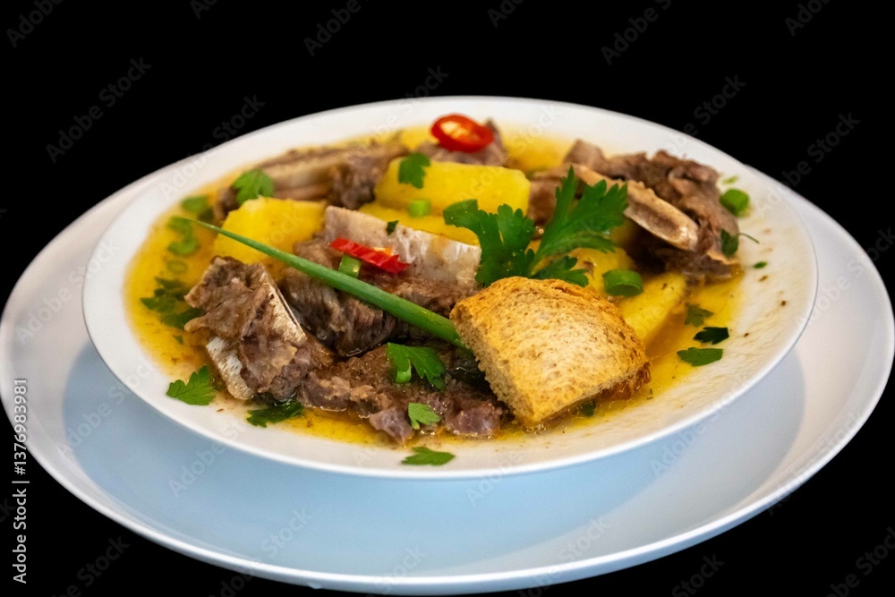 Traditional rustic Brazilian soup known as vaca atolada, prepared with cassava and beef ribs Traditional rustic Brazilian soup known as vaca atolada, prepared with cassava and beef ribs