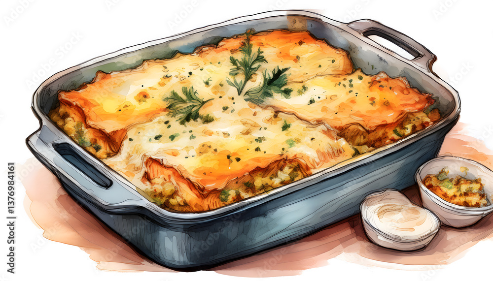 A casserole dish filled with moussaka, depicted in a detailed sketch-style illustration with warm, earthy tones