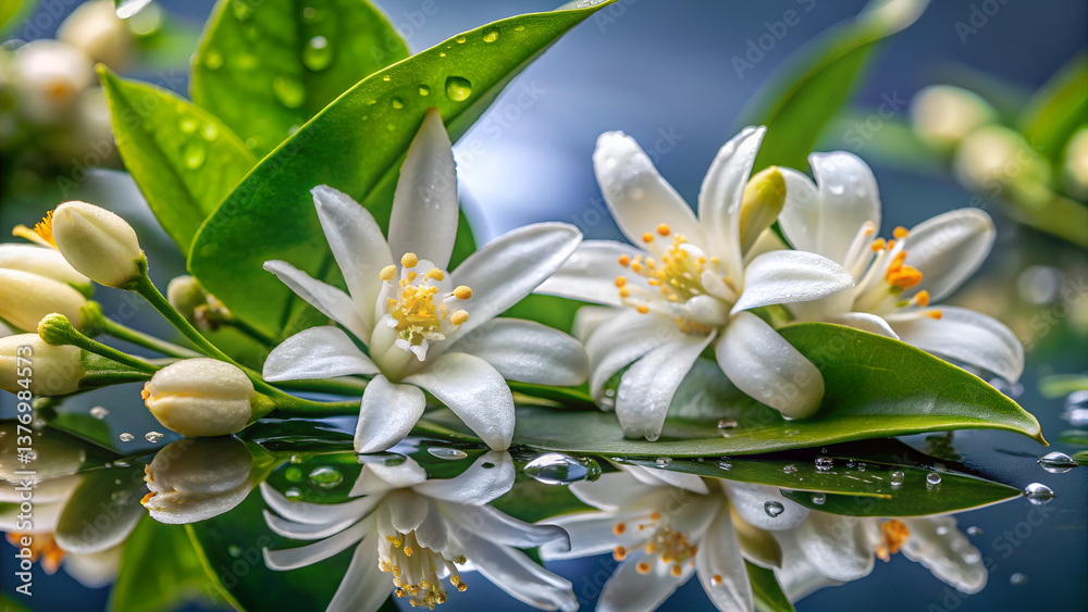 Obraz premium Neroli Blossom Close-Up: Dew-Kissed Flowers & Reflection
