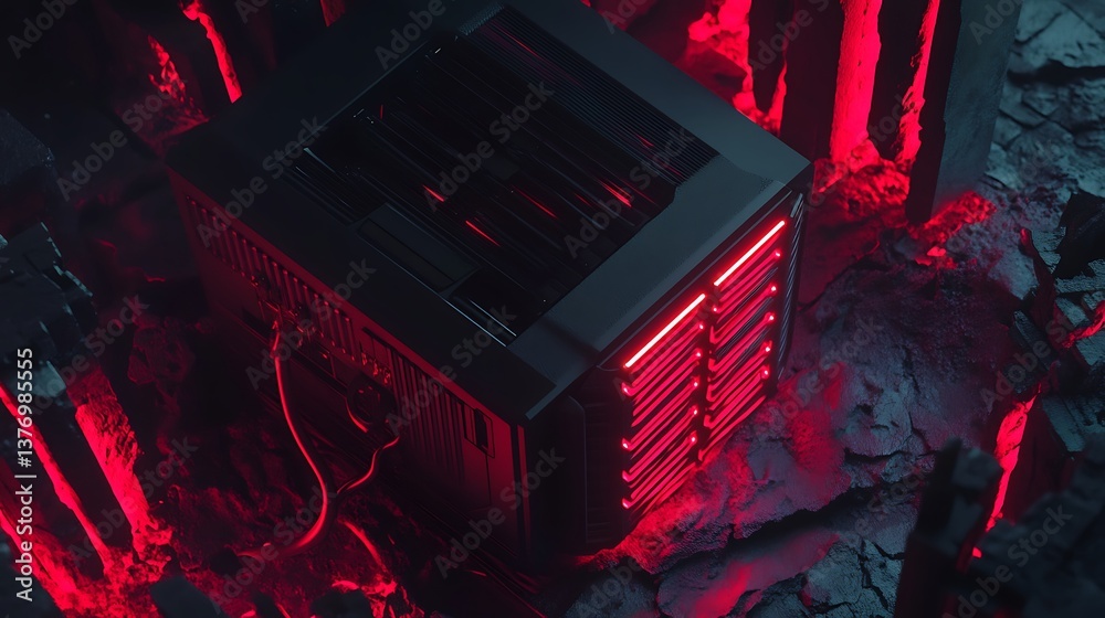 Naklejka premium An advanced computer server with glowing red lights in a dark, atmospheric environment, showcasing technology in a moody setting
