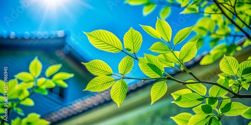 Lush Green Branch Against Vivid Blue Sky - Architectural Photography