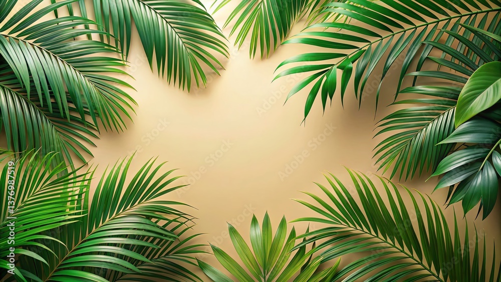 Lush Green Palm Leaves Frame Beige Background - Tropical Design Texture Lush Green Palm Leaves Frame Beige Background - Tropical Design Texture