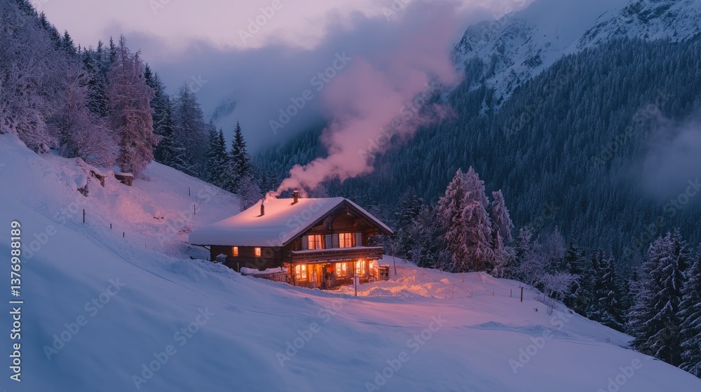 Fototapeta premium Charming Cabin with Smoke Amidst Snowy Winter Landscape at Dusk