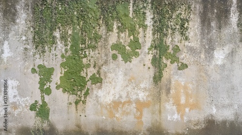 Aged Weathered Concrete Wall Texture Background Green Moss Grunge Distressed Urban Old Exterior Building Surface Grey Brown Abstract Pattern Design Element art tone worn image photo style color shade 