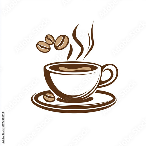 Coffee cup with steam and coffee beans in a minimalist design showcasing the essence of a perfect brew, emphasizing the warm experience often sought in a cozy cafe setting during early mornings or aft