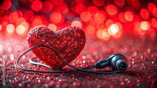 Macro Close-up of a Heart-Shaped Object with Earphones, Red and Black Theme