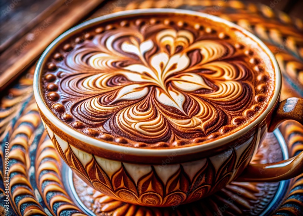 Macro Close-up of Coffee Cup Art: Intricate Latte Design Macro Close-up of Coffee Cup Art: Intricate Latte Design