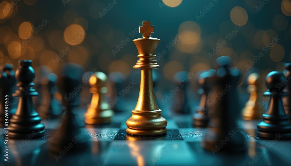 Golden chess king on board surrounded by black, golden figures. Business strategy concept. Leadership, planning, competition, success, strategic thinking, teamwork. Achieve goals with tactics, making Golden chess king on board surrounded by black, golden figures. Business strategy concept. Leadership, planning, competition, success, strategic thinking, teamwork. Achieve goals with tactics, making