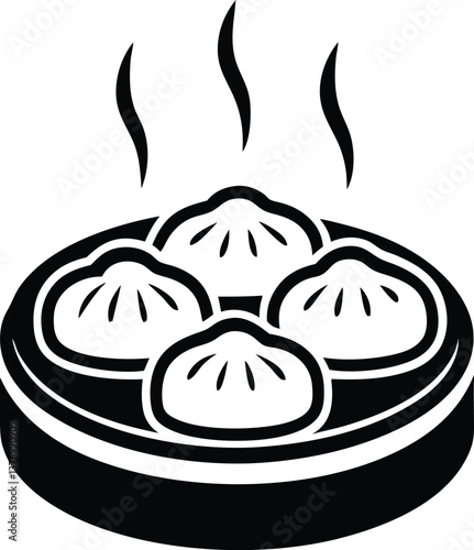Hot dumplings, one dumpling in bamboo basket. Steamed bun vector illustration. momos silhouette icon. Baozi or bao - Chinese steamed bun silhouette vector. Dim Sum silhouette