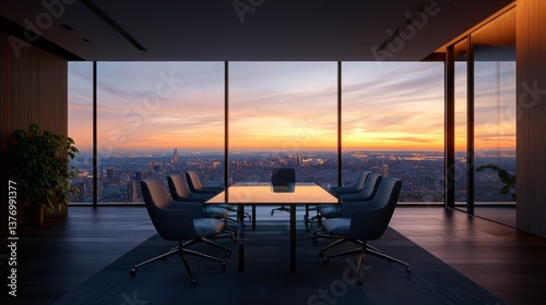 Modern Spacious Boardroom with Glass Wall Showcasing Breathtaking City Sunset Featu Long Rectangular Glass Table and Dark Gray Executive Chairs
