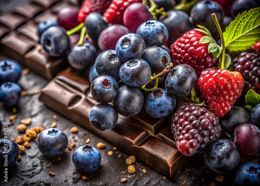 Macro Photography of Resveratrol-Rich Foods: Grapes, Berries, and Dark Chocolate