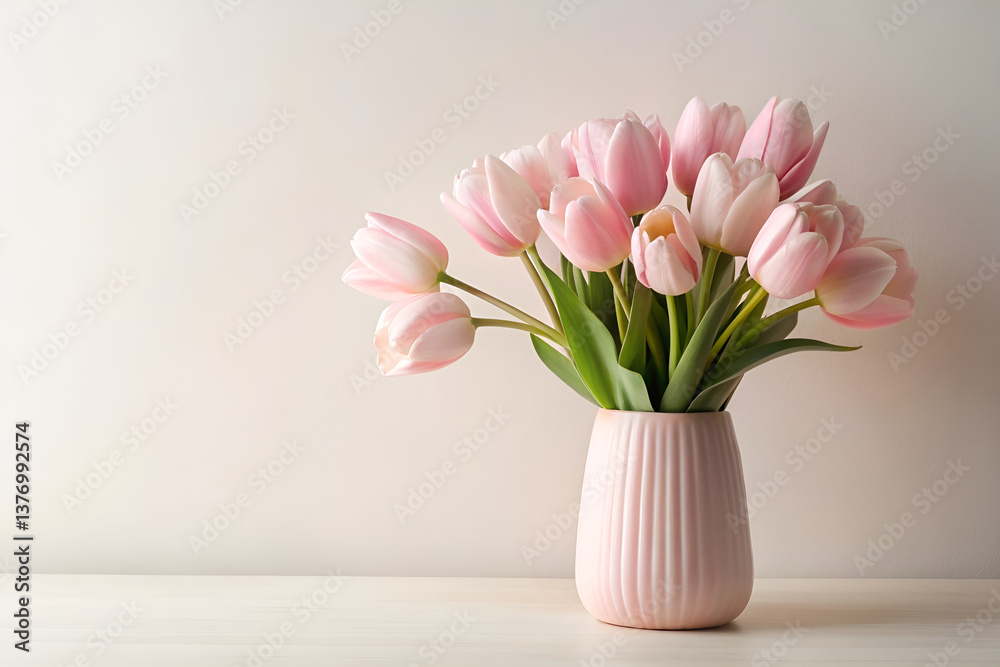 Obraz premium Pink Tulip Bouquet in Ribbed Vase on White Surface