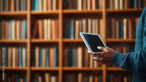 Close-up of hands holding a tablet with a blank screen in front of blurred library bookshelves filled with books, showcasing modern technology and knowledge
