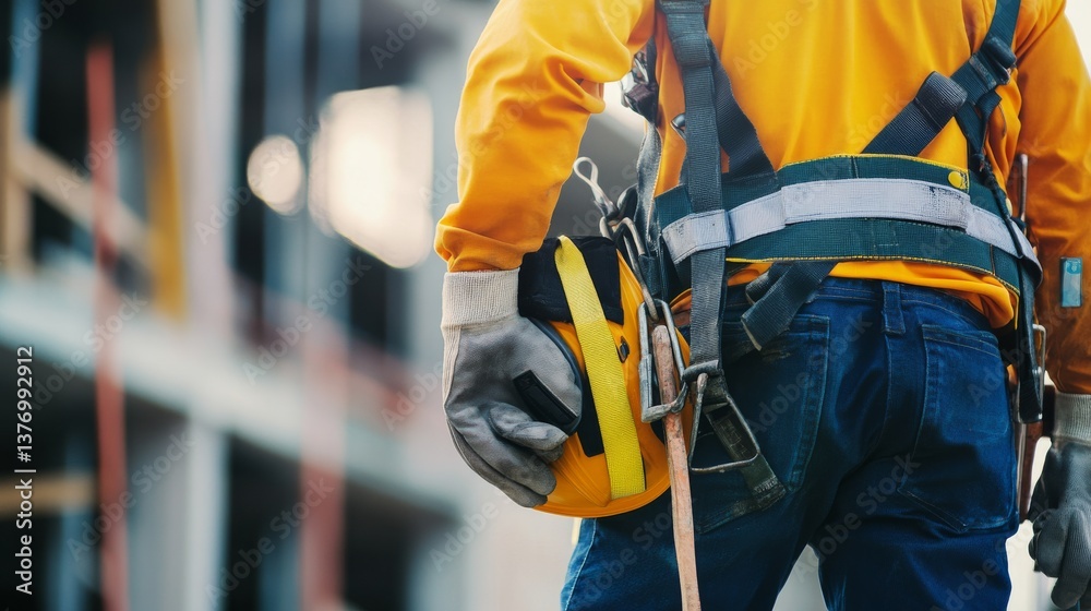 A construction worker checking the safety gear at a building site. Featuring safety and preparation A construction worker checking the safety gear at a building site. Featuring safety and preparation