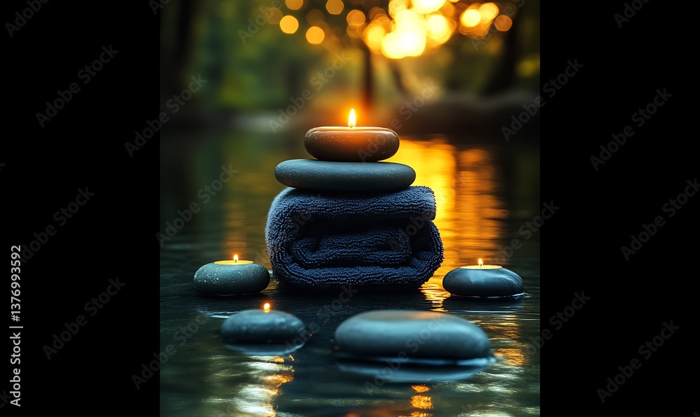 Obraz premium Relaxing Spa Stones and Candles on Water for Peaceful Wellness