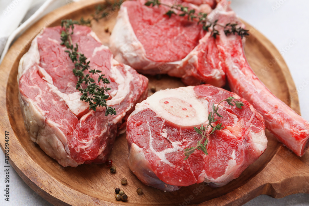 Obraz premium Pieces of raw beef and spices on light grey table, closeup