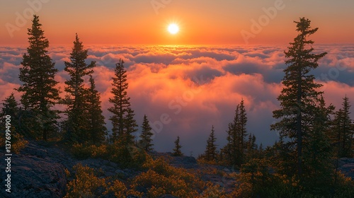 Sunset over mountaintop cloudscape, coniferous trees