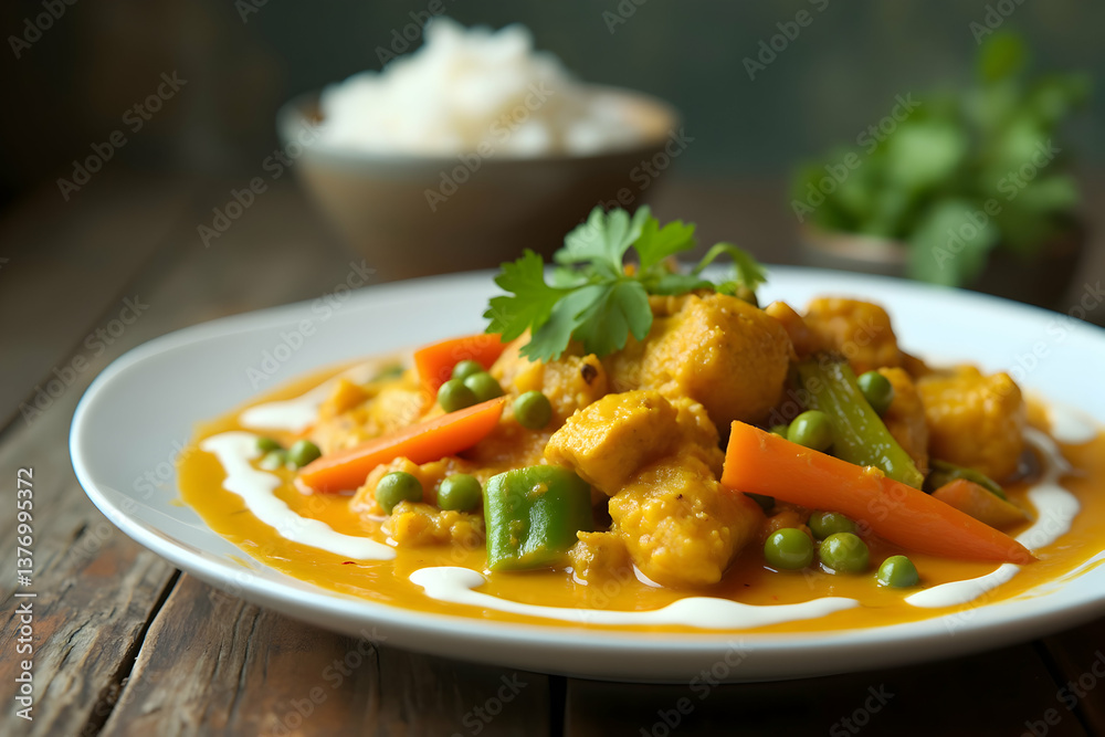 Serving Delicious Chicken Curry with Rice on Wooden Table for Dinner Serving Delicious Chicken Curry with Rice on Wooden Table for Dinner