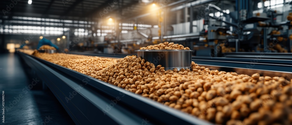 Large Quantity of Roasted Nuts Flowing Along Conveyor Belt in Efficient Food Processing Plant Industry Production Automation and Quality Control Environment Large Quantity of Roasted Nuts Flowing Along Conveyor Belt in Efficient Food Processing Plant Industry Production Automation and Quality Control Environment