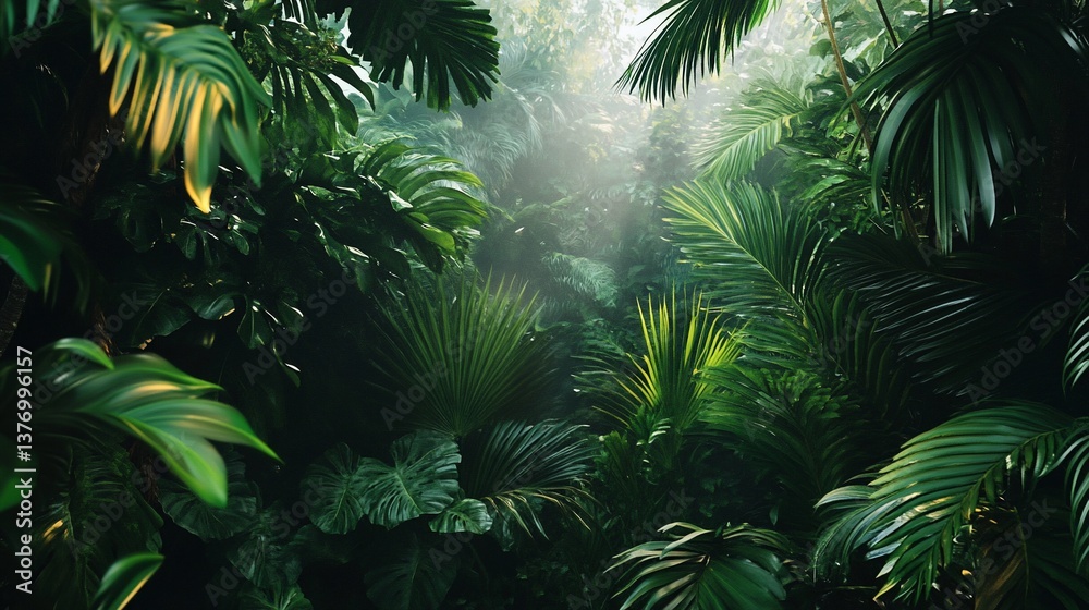 Fototapeta premium Lush Tropical Paradise, Sunlight Streaming Through Dense Foliage