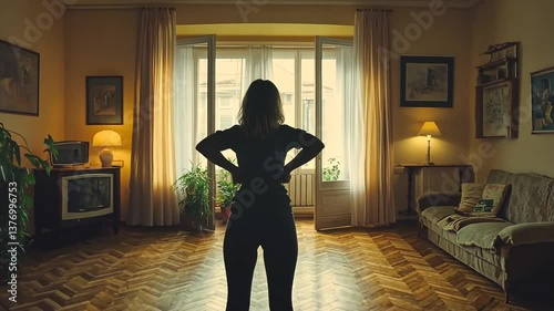 Woman Stands Confidently in Living Room Displaying Self-Assurance Generative AI