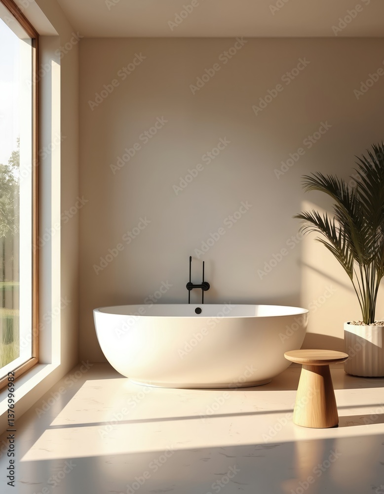 Fototapeta premium Modern minimalist bathroom interior design. White oval bathtub, wood stool, green plant near window. Natural light. Simple, clean, elegant architecture. Comfortable spa, wellness space.